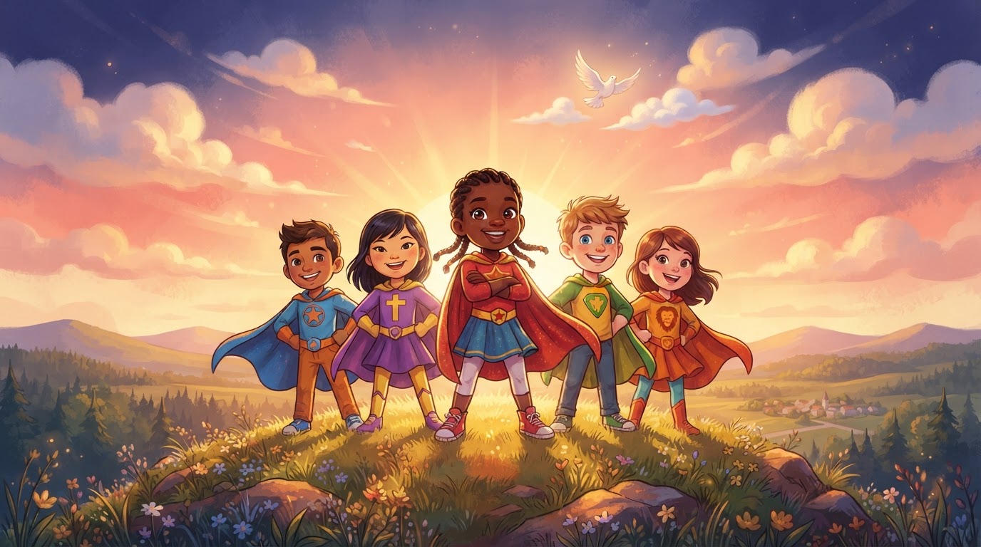 Cartoon children as superheroes standing heroically at sunrise