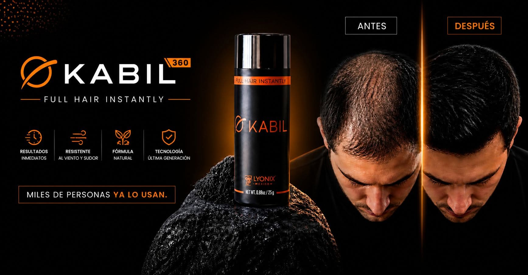 KABIL 360 - Full Hair Instantly. Antes y Después, resultados inmediatos, resistente al viento y sudor, fórmula natural.