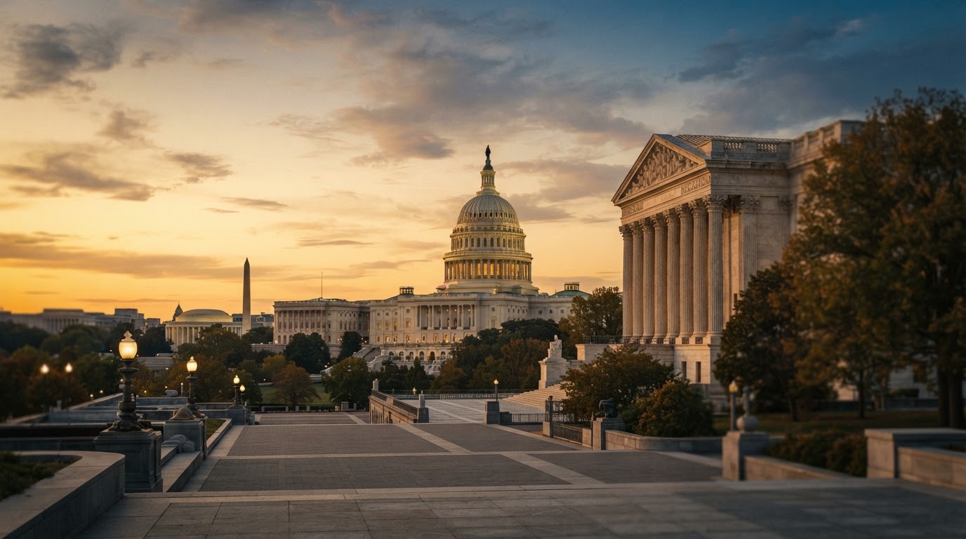 Washington, D.C. federal courthouse and Capitol at golden hour
