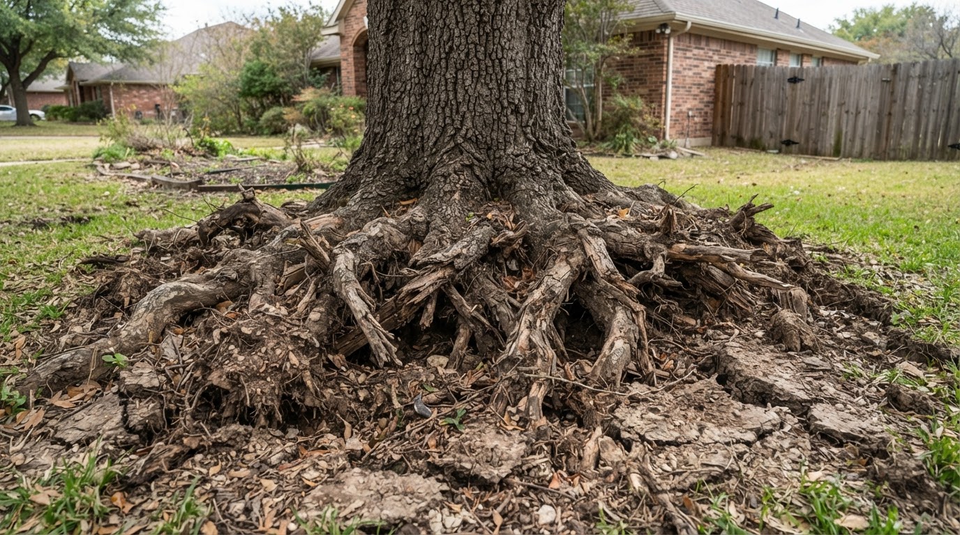 Base of a mature tree in a residential yard showing exposed and heaved roots with soil movement around the trunk