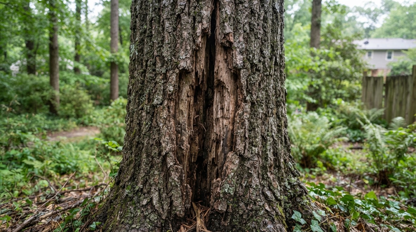 Close-up of a mature tree trunk with a significant vertical crack running through the bark