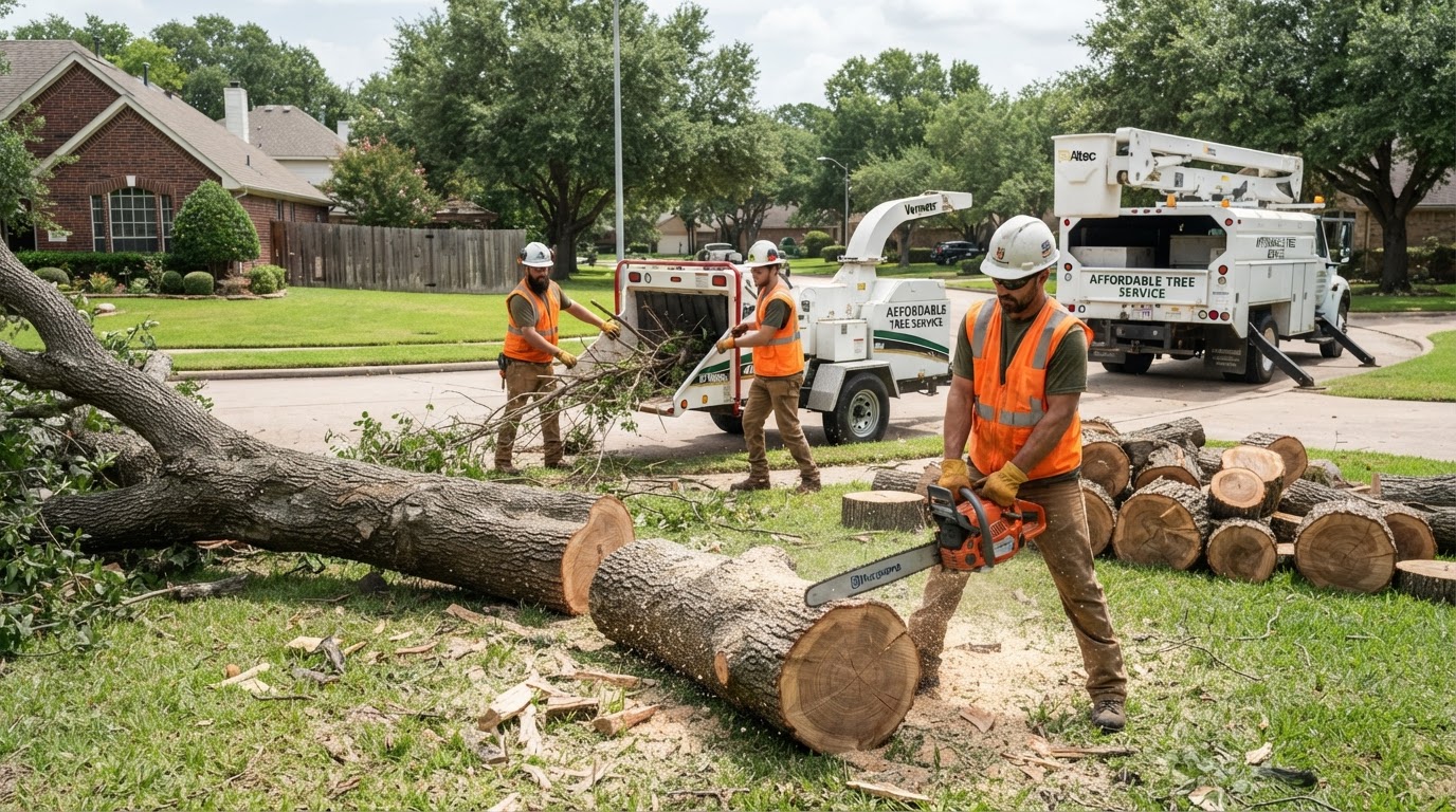 Professional tree removal crew safely dismantling a large fallen tree at a residential property, with a bucket truck nearby and ground crew feeding brush into a wood chipper