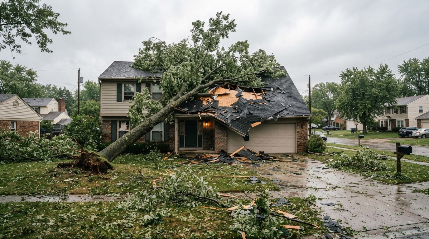 Large mature tree that has fallen onto the roof of a suburban home after a severe storm, with visible roof damage and scattered branches