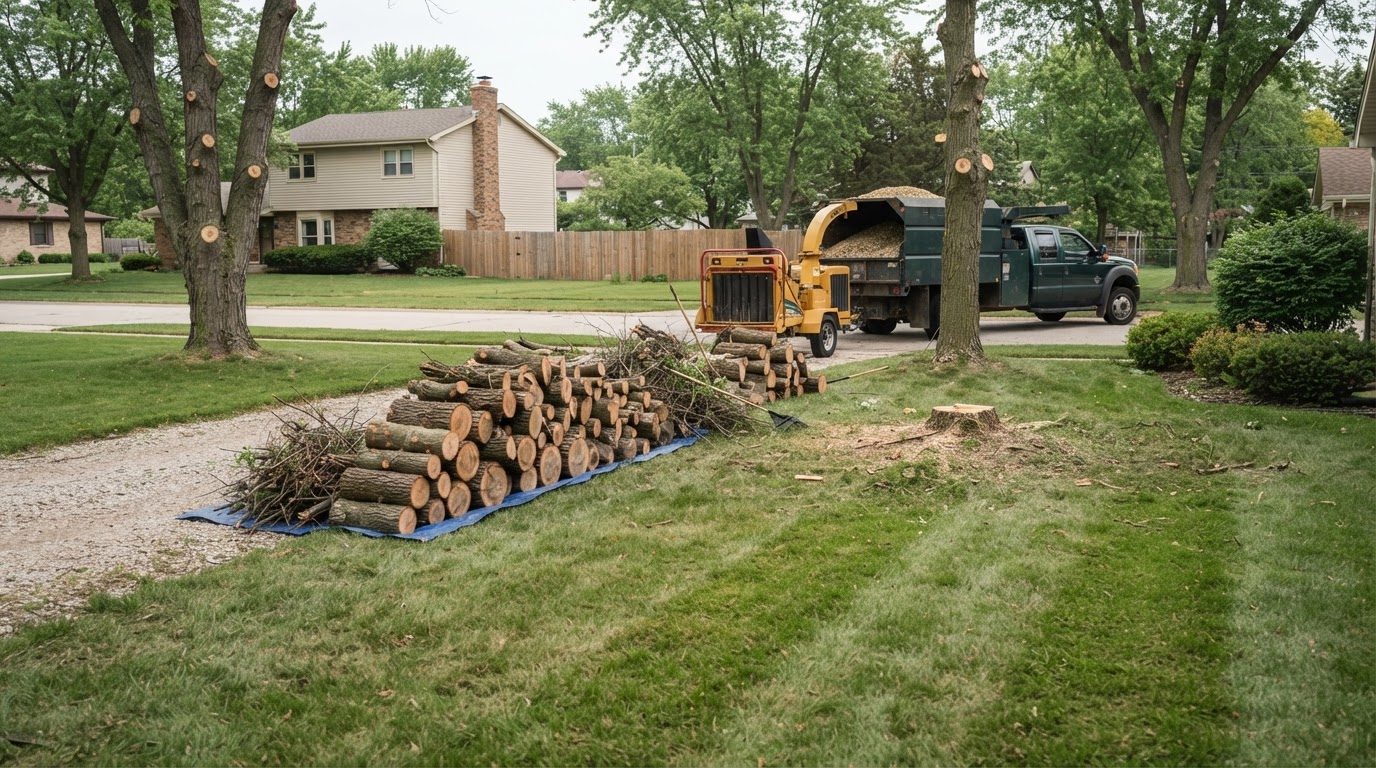 Residential yard during fallen tree cleanup with cut tree sections and branches neatly staged for haul-away after storm damage removal