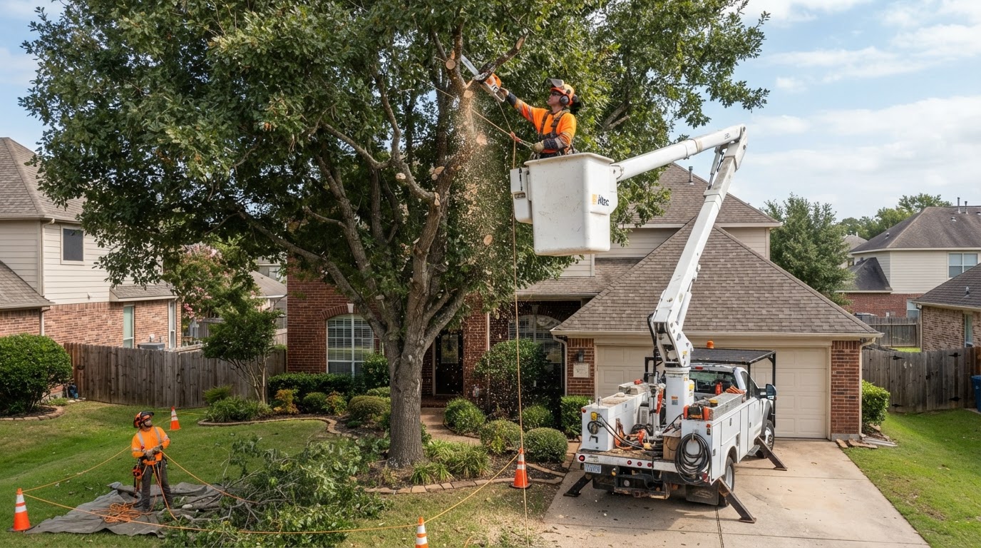 Professional tree service worker in a bucket truck performing elevated tree work on a large mature tree at a residential property