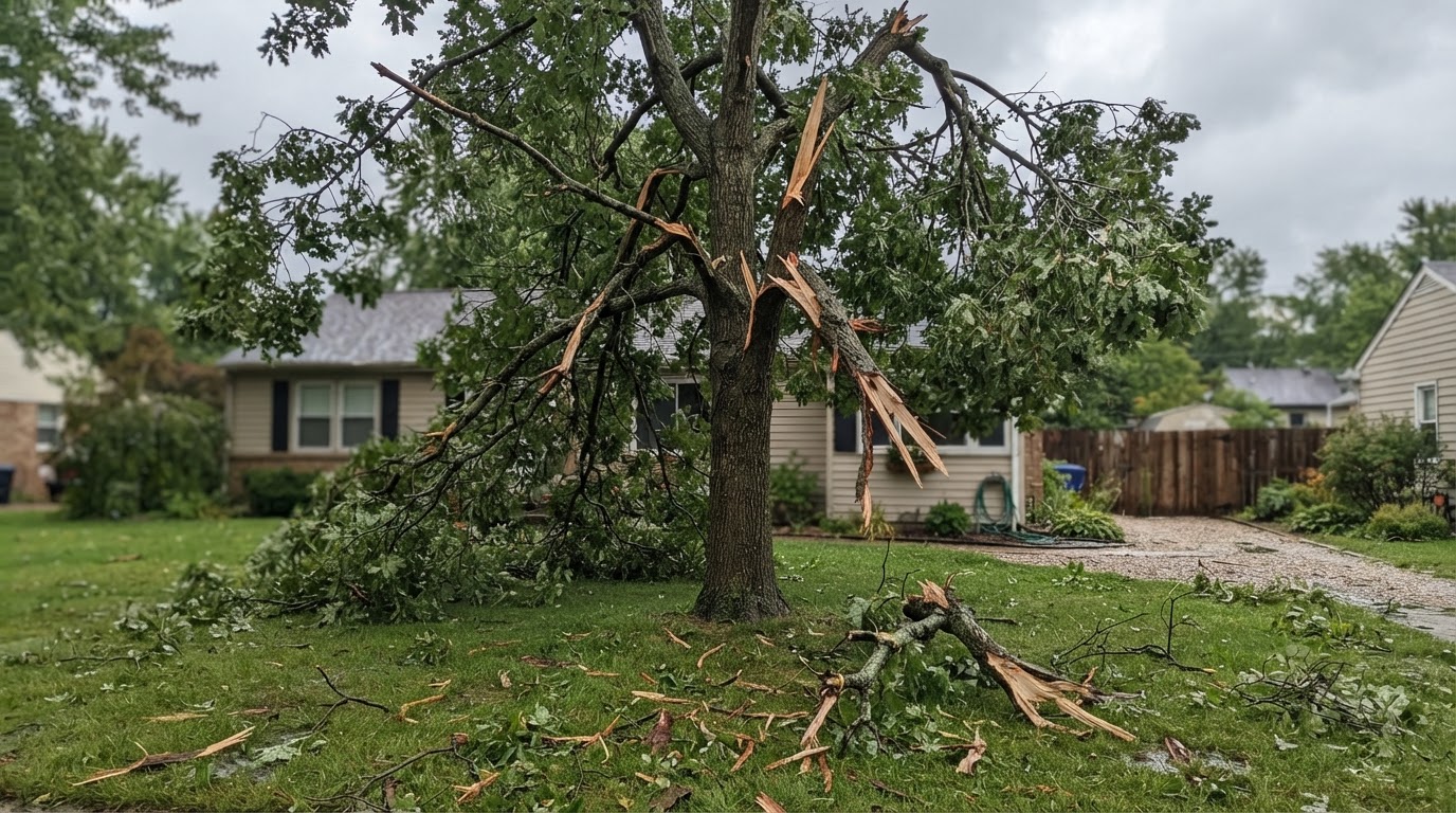 Storm-damaged residential yard tree with broken and hanging branches and scattered debris after high winds