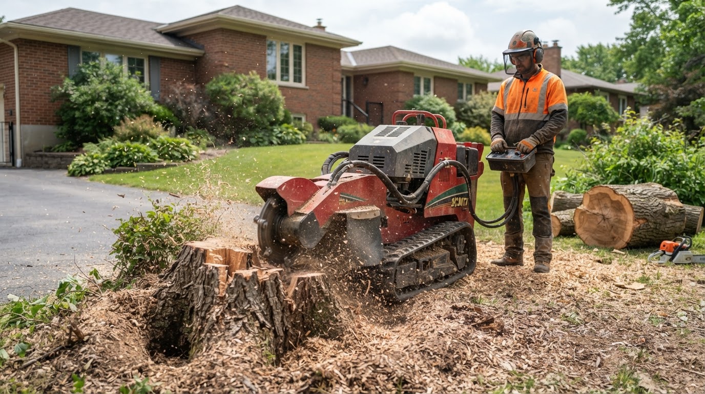 Tracked stump grinder machine grinding a tree stump in a residential yard as a separate service after tree removal