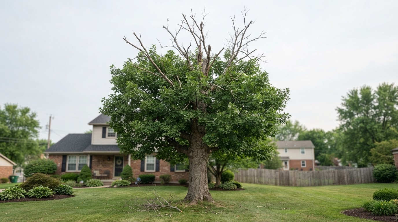 Mature residential tree in the Greater Cincinnati area with dead upper branches contrasting against the lower canopy