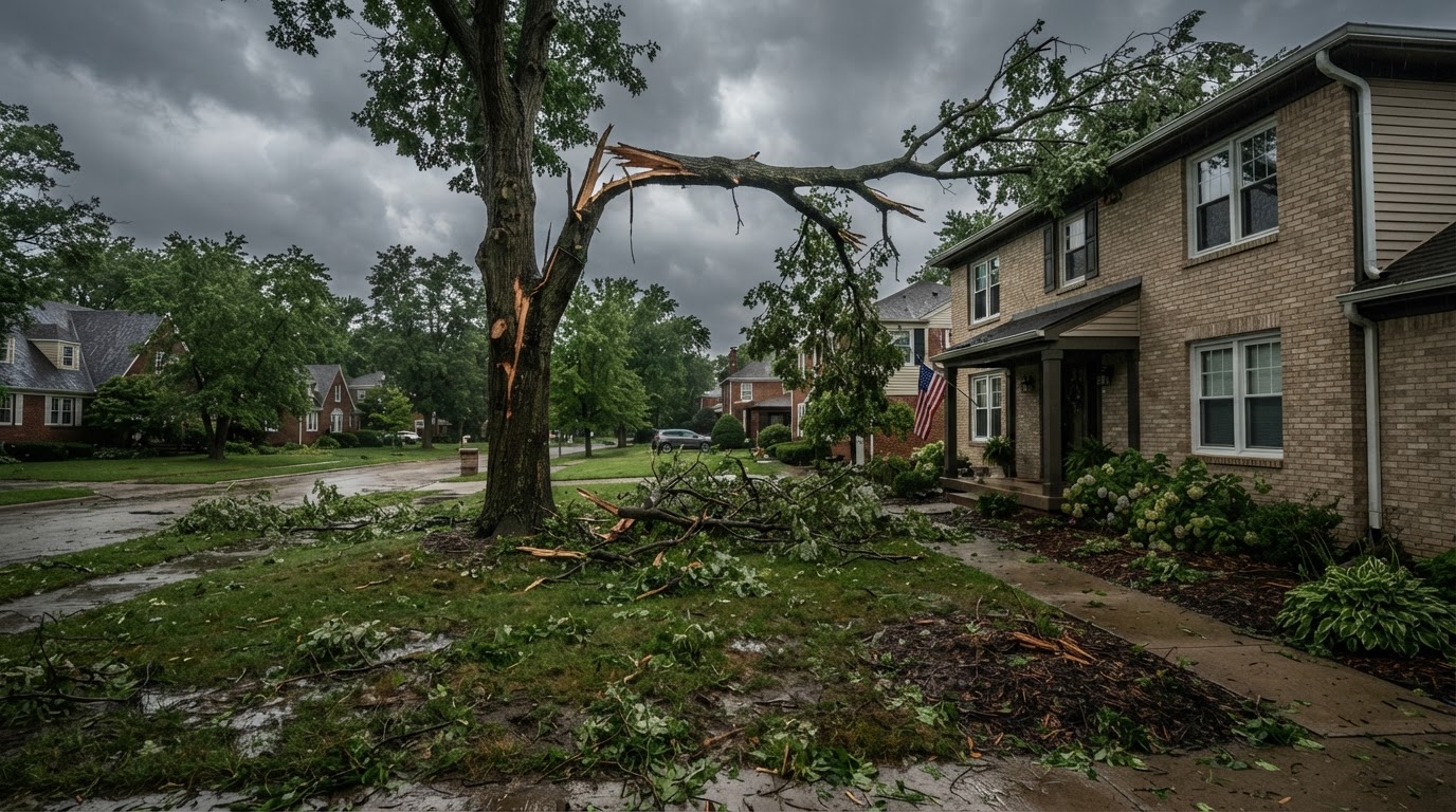 Storm-damaged residential property with broken branches and a damaged tree near a suburban home after high winds