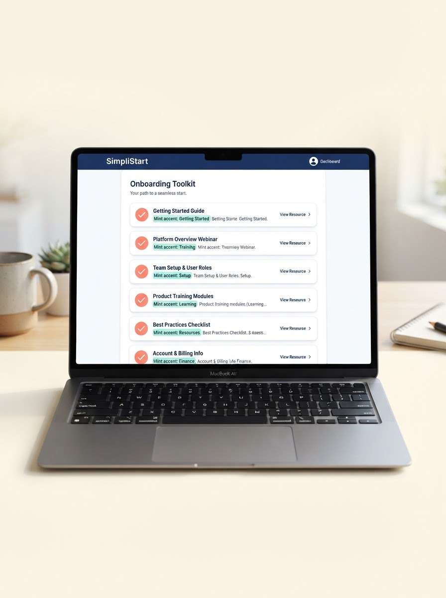 SimpliStart toolkit preview showing six onboarding resources with checkmark icons