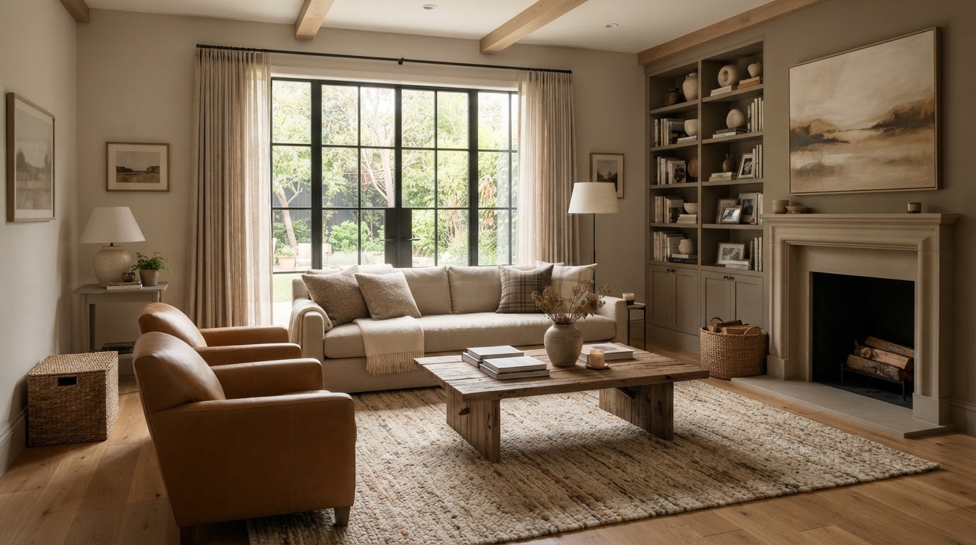 Warm shared living room at Fox Grace