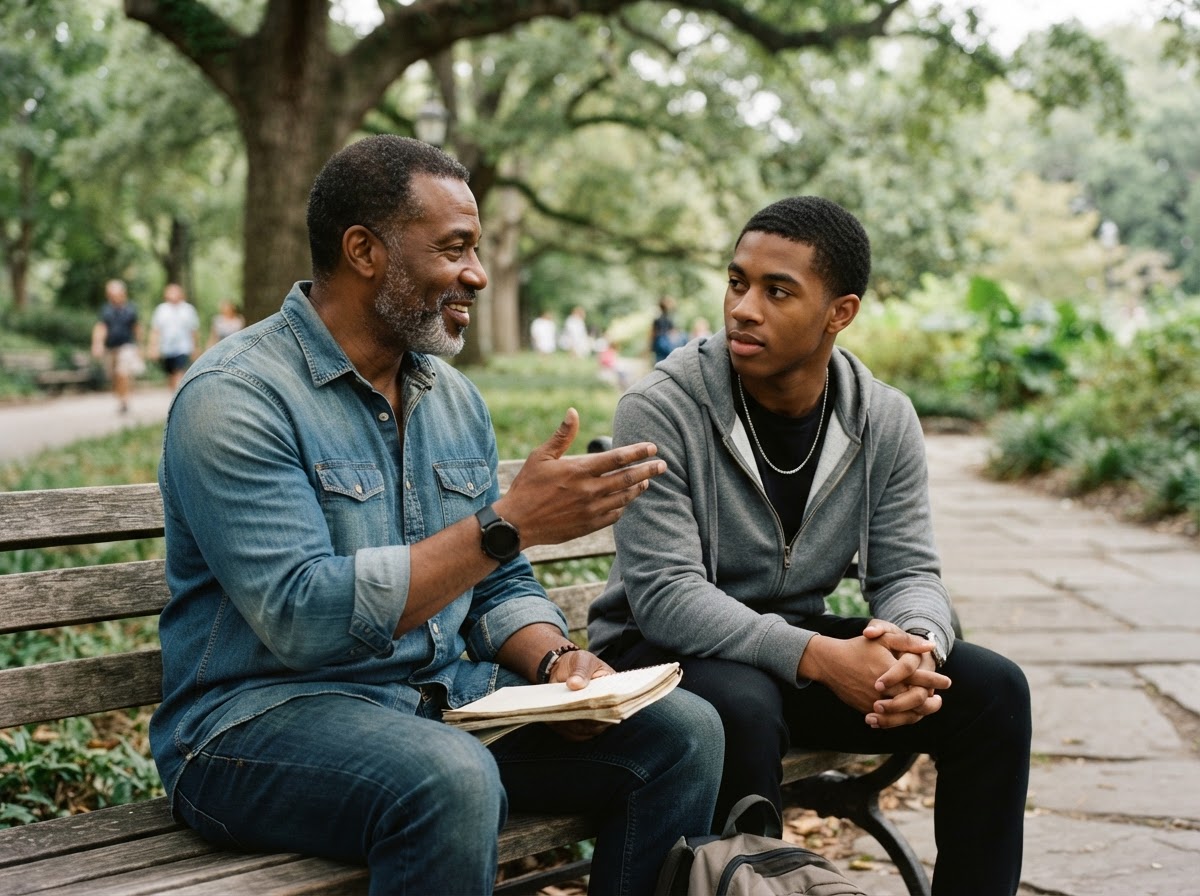 Mentor speaking with a young man outdoors in a calm setting