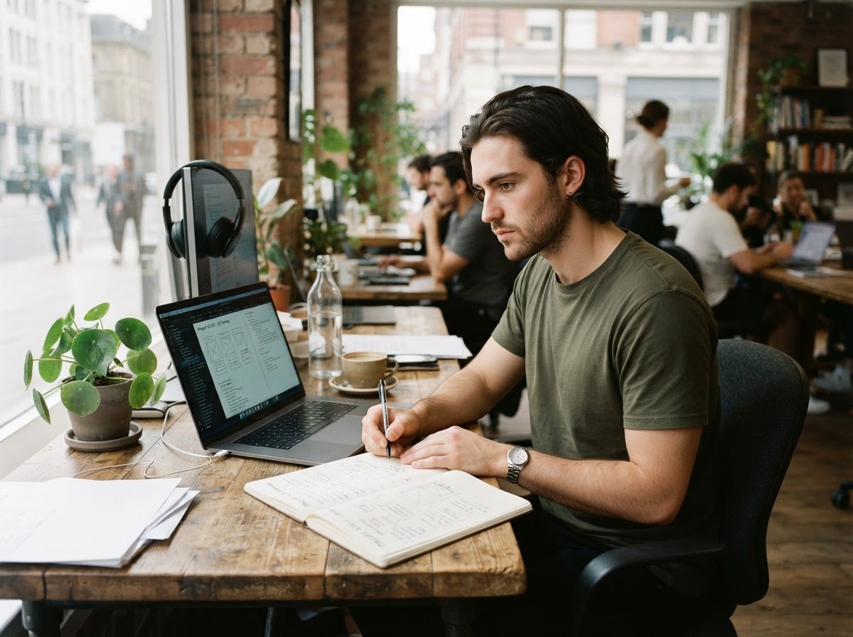 Young adult man working at a laptop, focused and planning