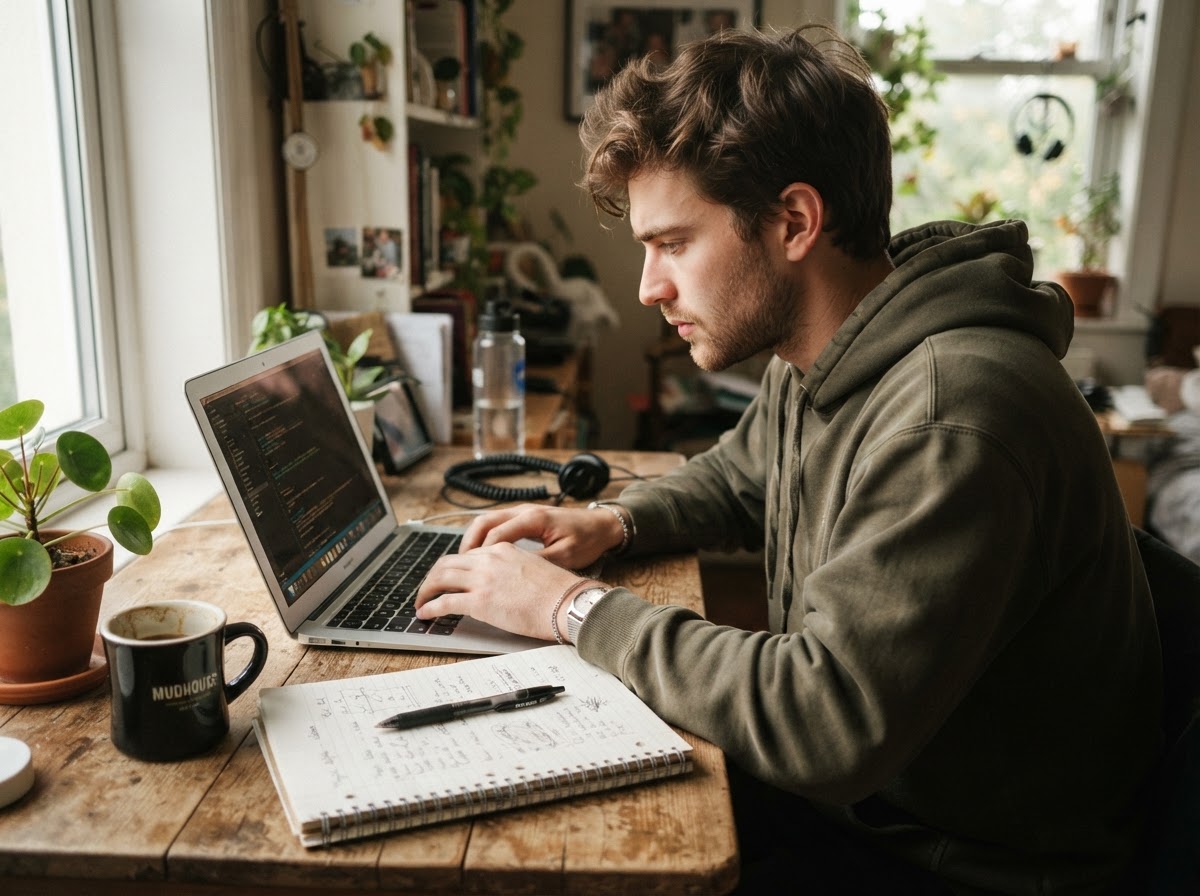 Young adult man working at a laptop with a notebook