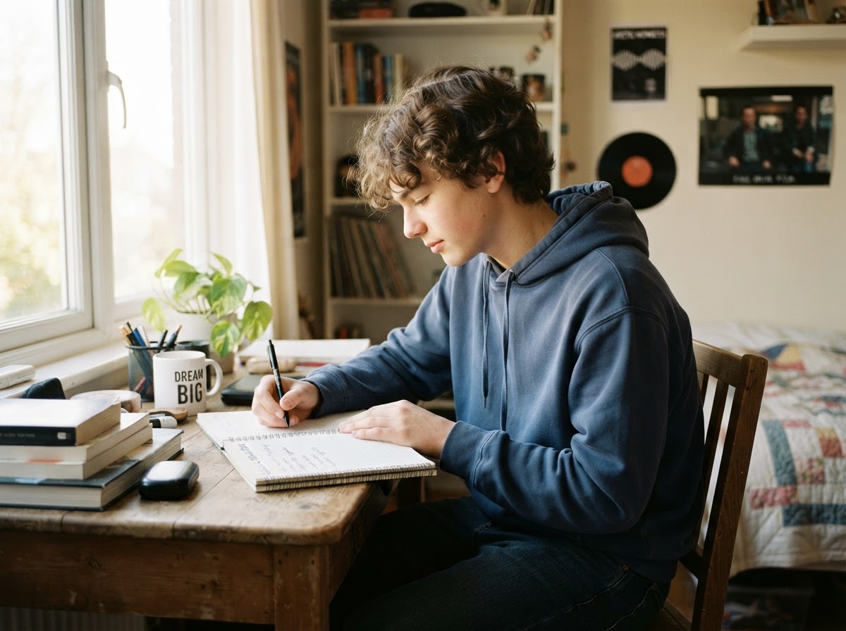 Teenage young man writing goals in a notebook with natural light