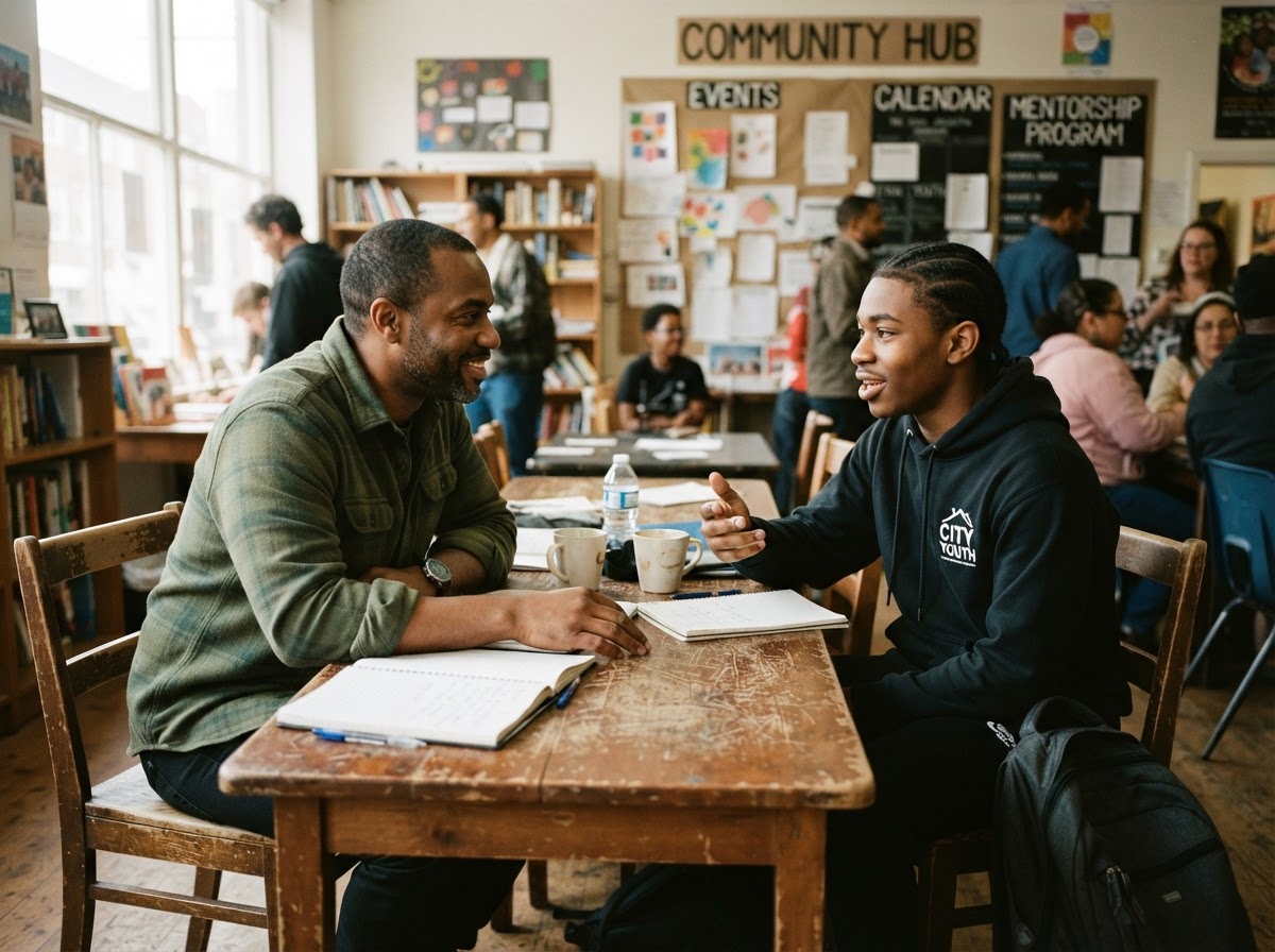 Mentor and teenage young man in honest conversation at a community center