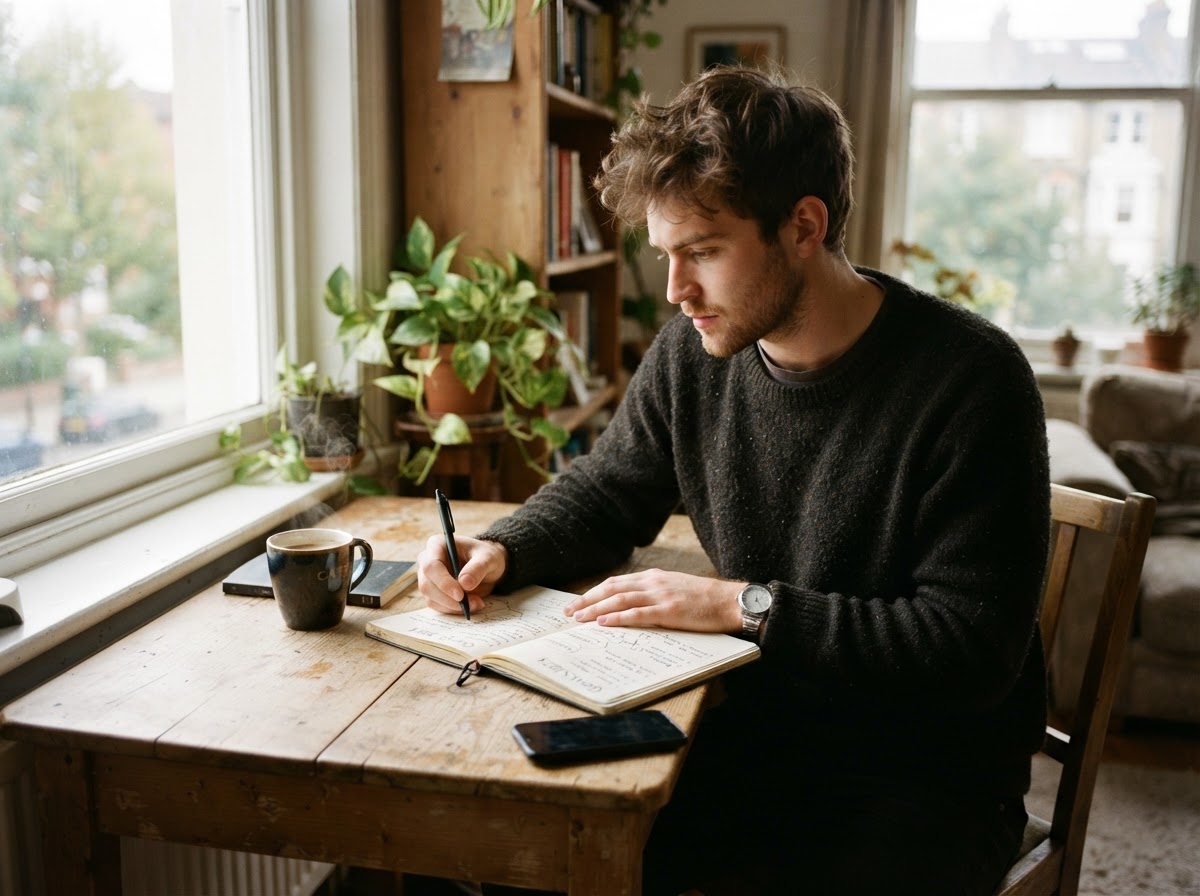 Young adult man planning goals in a notebook with coffee