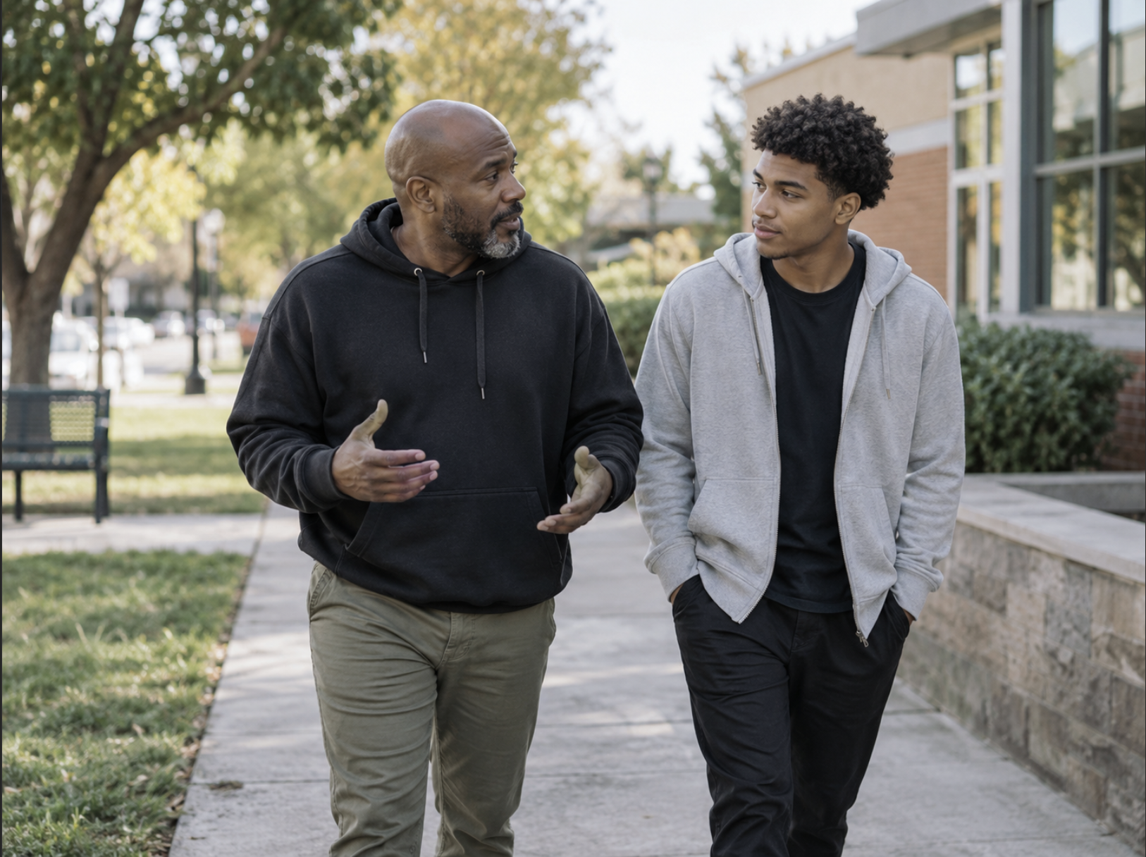Experienced mentor and young man walking and having a meaningful conversation outdoors