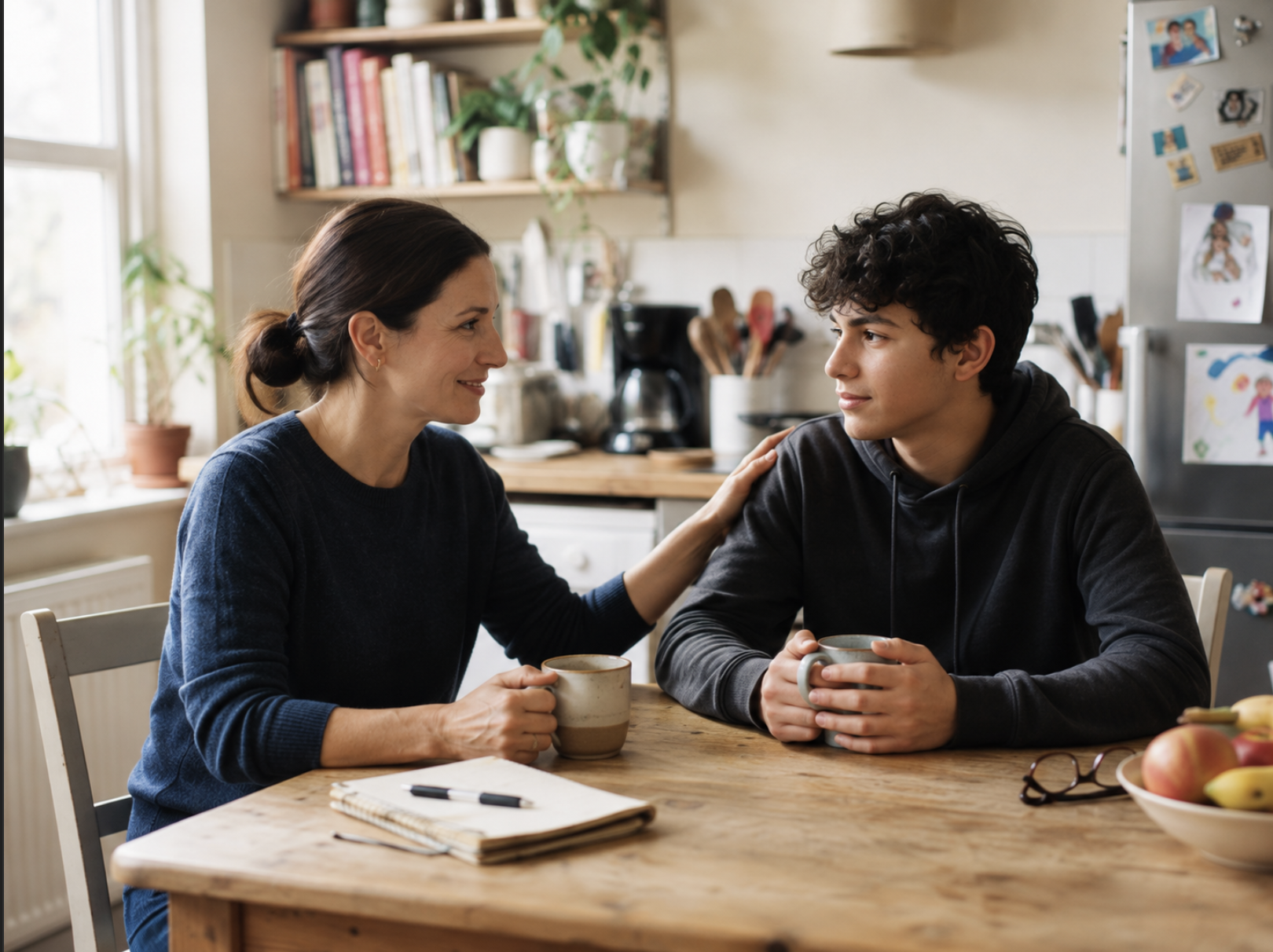 Parent and teenage son having a supportive conversation at kitchen table