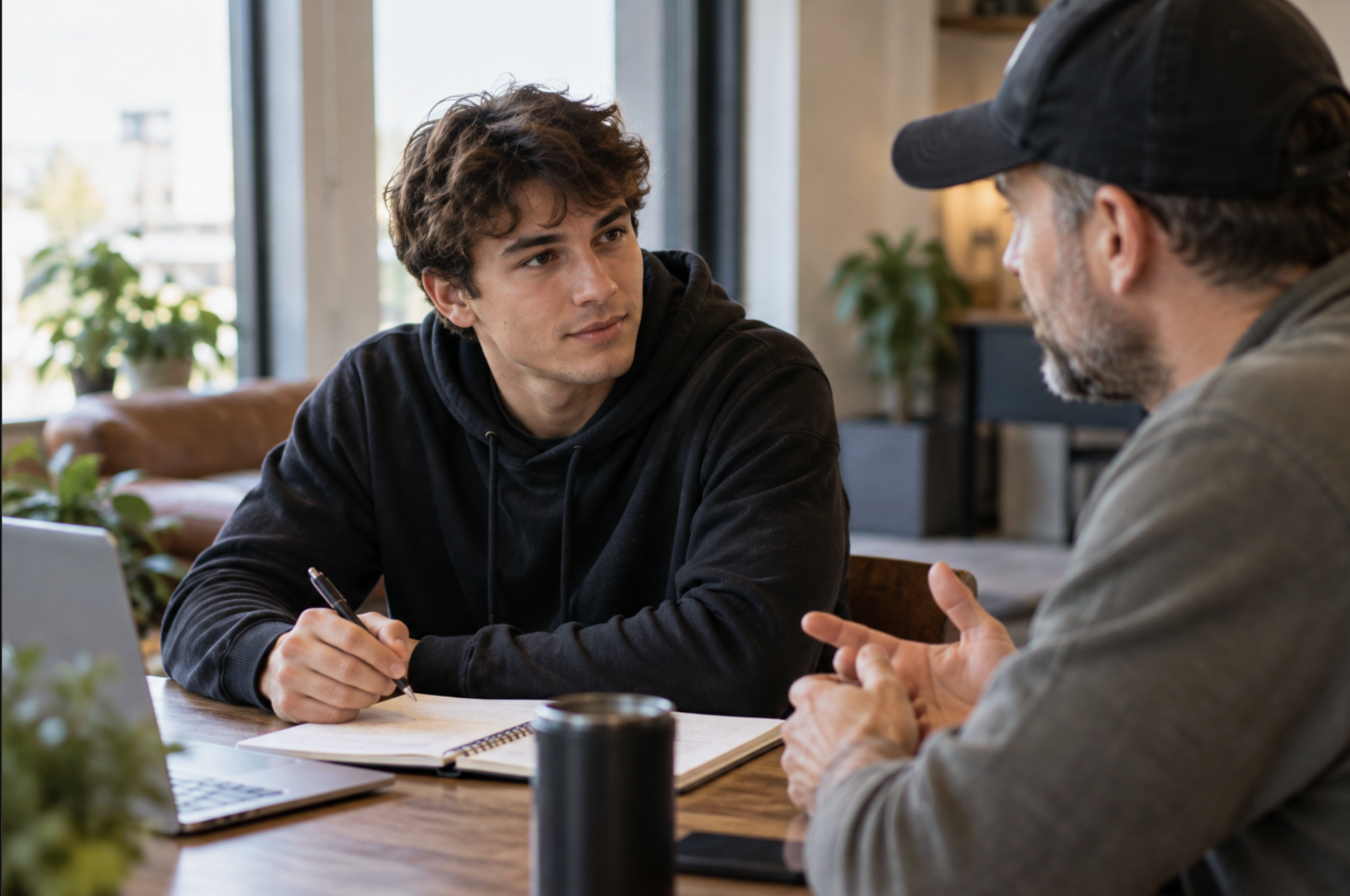 Young man with notebook having an open, focused conversation with a mentor