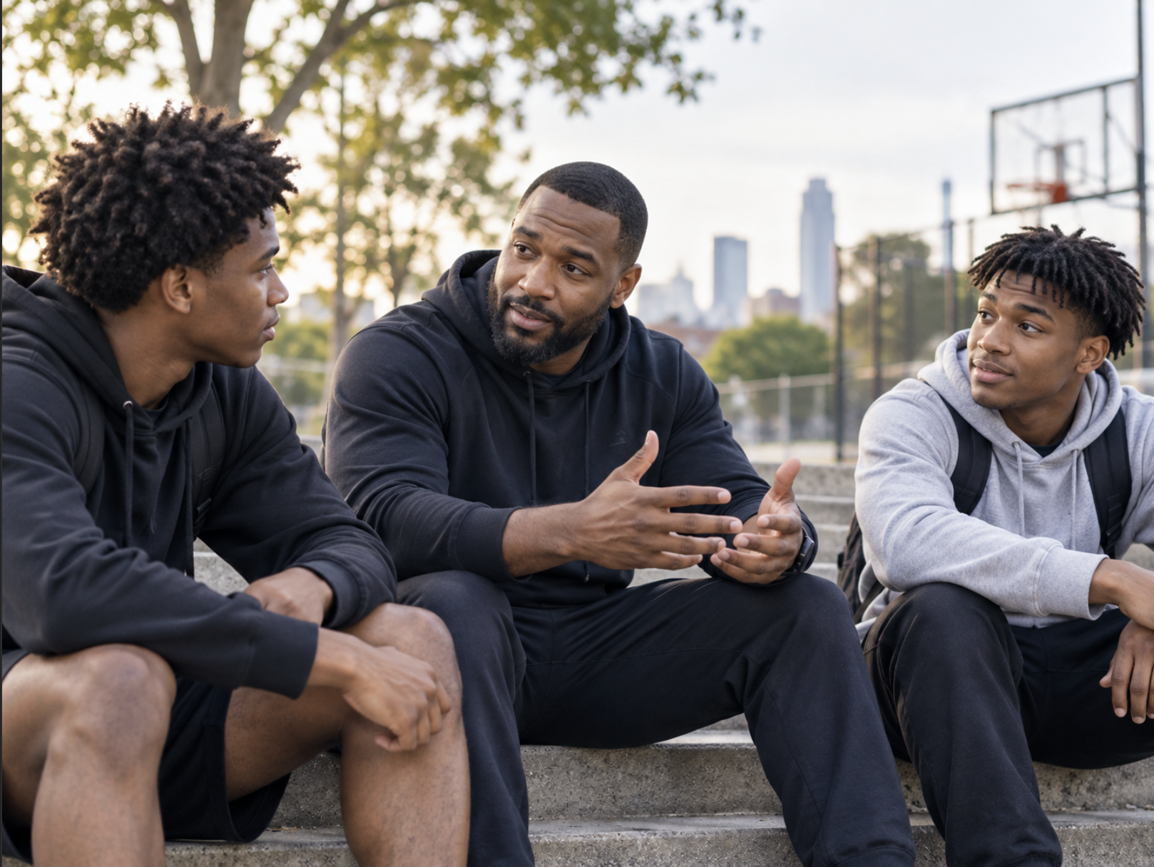 Merris Blackwell mentoring two young men in an outdoor conversation near a basketball court