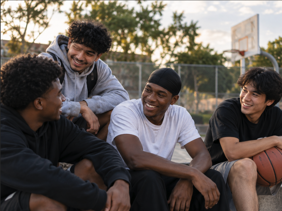 Young men smiling and connecting together on a basketball court