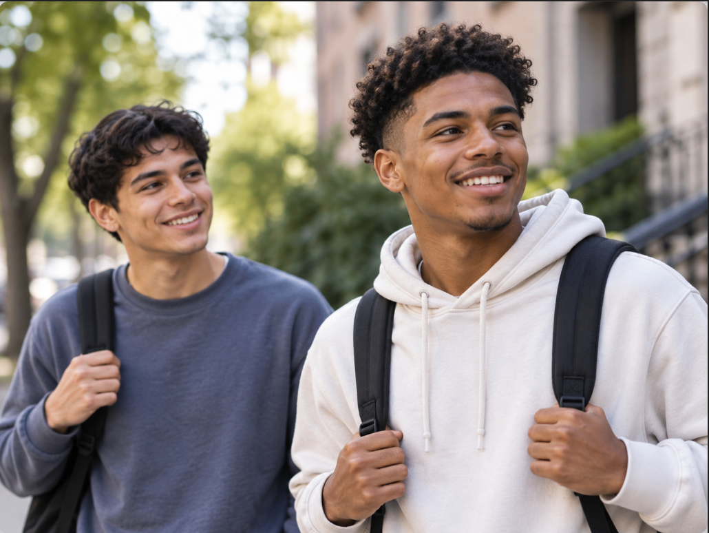 Two young men walking together and smiling