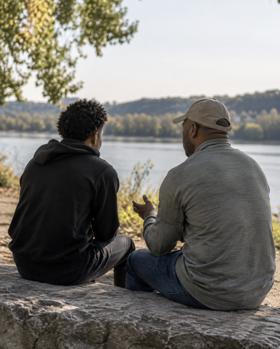 Mentorship conversation between mentor and young man outdoors by the river