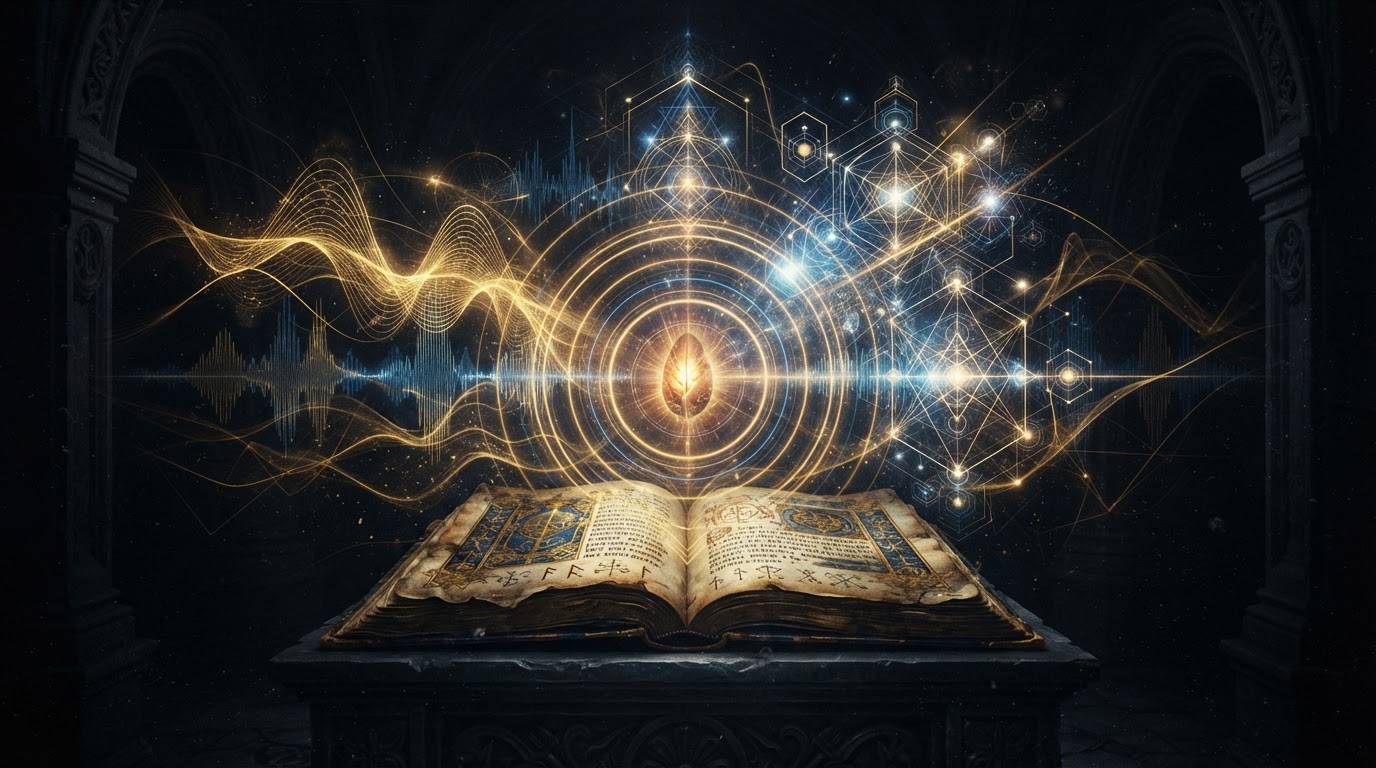 Sound waves of golden light radiating from an ancient illuminated manuscript, visualizing electronic music as the expression of ancient theological principles.