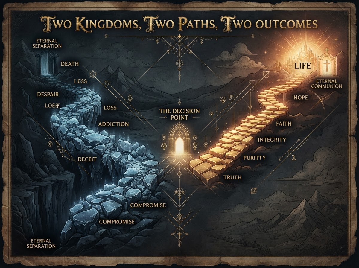 Two diverging illuminated pathways on a dark background: a descending path of broken stones toward darkness and death, and an ascending path of ordered stones rising toward golden light and life, splitting at a central fork.