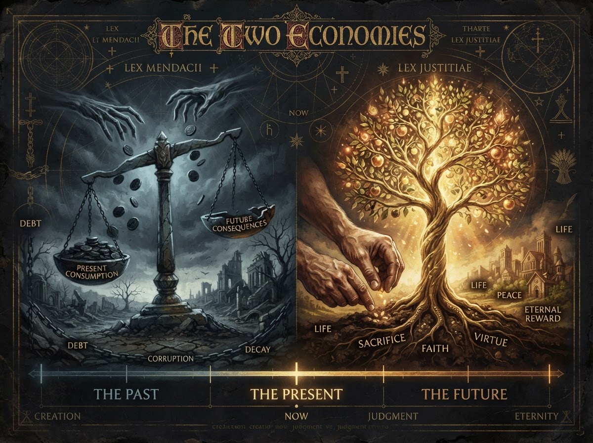 Two opposing economies on a dark background: on the left a balance scale borrowing coins from a shadowy future to spend now, on the right hands planting seeds in the present that grow into a luminous golden future tree.