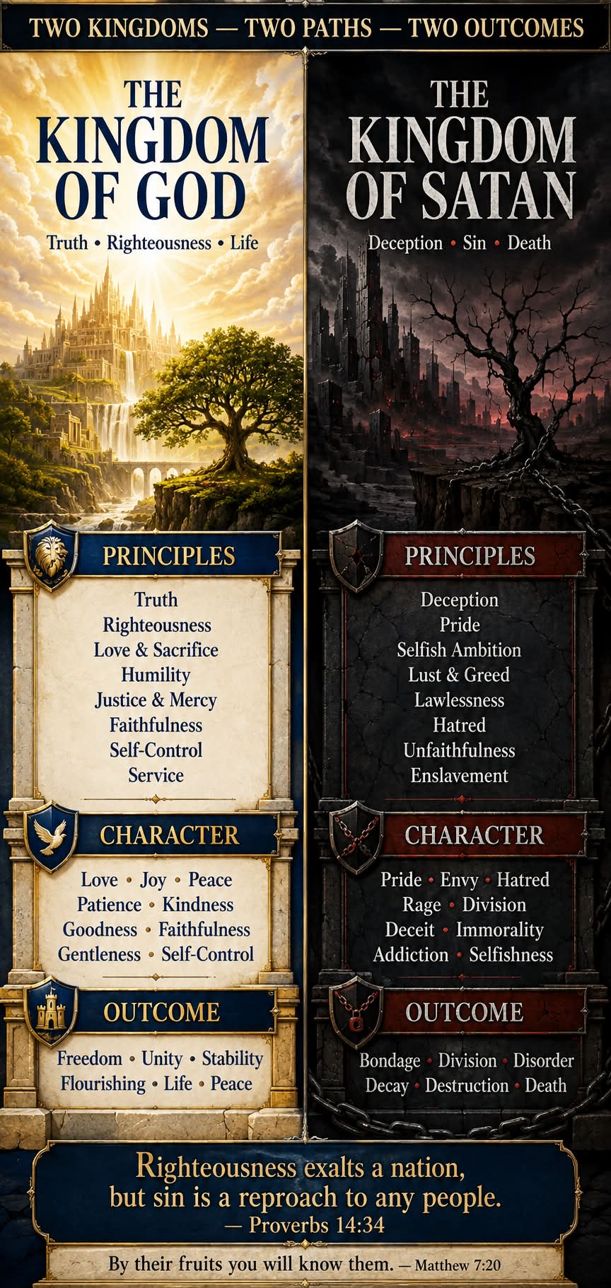 A tall portrait architectural comparison: Two Kingdoms, Two Paths, Two Outcomes. On the left: The Kingdom of God crowned with radiant heavenly towers, waterfalls, and a living tree, resting on classical ivory columns listing Principles (Truth, Righteousness, Love & Sacrifice, Humility, Justice & Mercy, Faithfulness, Self-Control, Service), Character (Love, Joy, Peace, Patience, Kindness, Goodness, Faithfulness, Gentleness, Self-Control), and Outcomes (Freedom, Unity, Stability, Flourishing, Life, Peace). On the right: The Kingdom of Satan beneath dark spire ruins and a barren dead tree in chains, on dark charcoal columns listing Principles (Deception, Pride, Selfish Ambition, Lust & Greed, Lawlessness, Hatred, Unfaithfulness, Enslavement), Character (Pride, Envy, Hatred, Rage, Division, Deceit, Immorality, Addiction, Selfishness), and Outcomes (Bondage, Division, Disorder, Decay, Destruction, Death). Concluding with Proverbs 14:34 and Matthew 7:20.