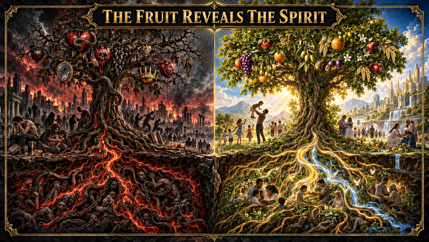 Two opposing cosmic trees side by side: on the left a twisted fiery tree of the flesh with diseased fruit, skulls, serpent coils, burning ruins, and chained suffering souls; on the right a radiant tree of the Spirit laden with wholesome fruit, flourishing families, living waters, and a celestial golden city.
