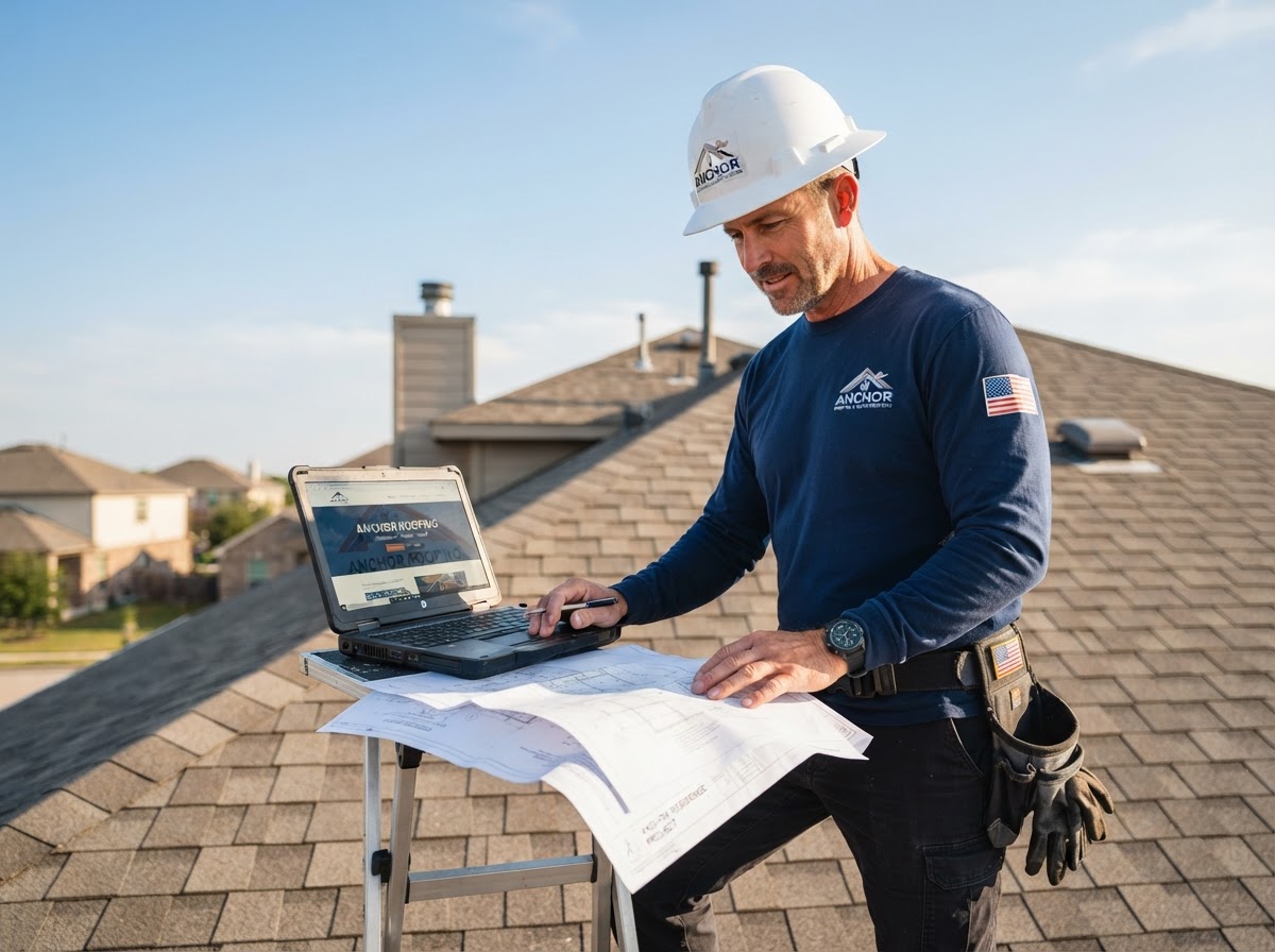 HearthVision designer crafting a roofing contractor website on a laptop