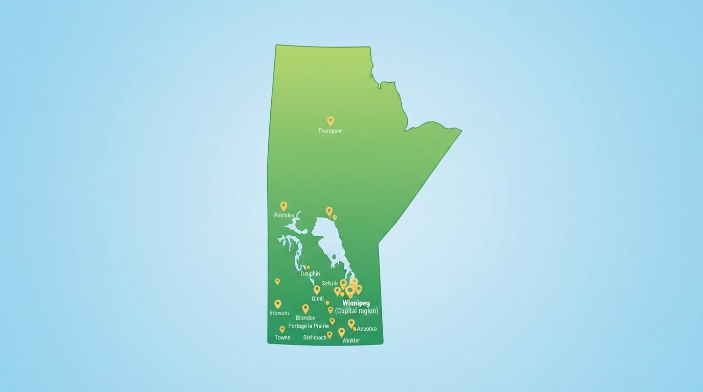 Illustrated map of Manitoba showing MB Poop Patrol's service area around Winnipeg