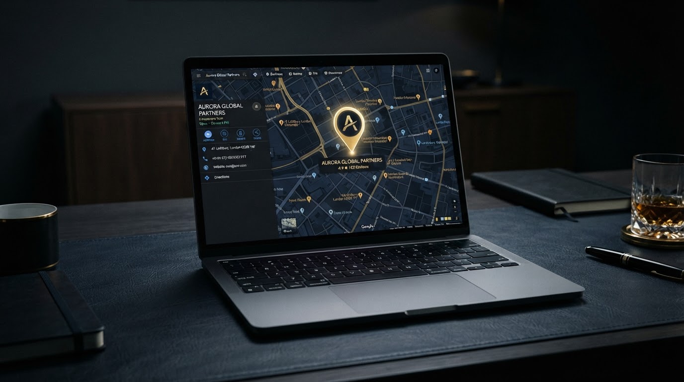 A sleek laptop on a deep navy desk showing a Google Maps business listing interface with a glowing gold map pin, representing Google Business Profile setup