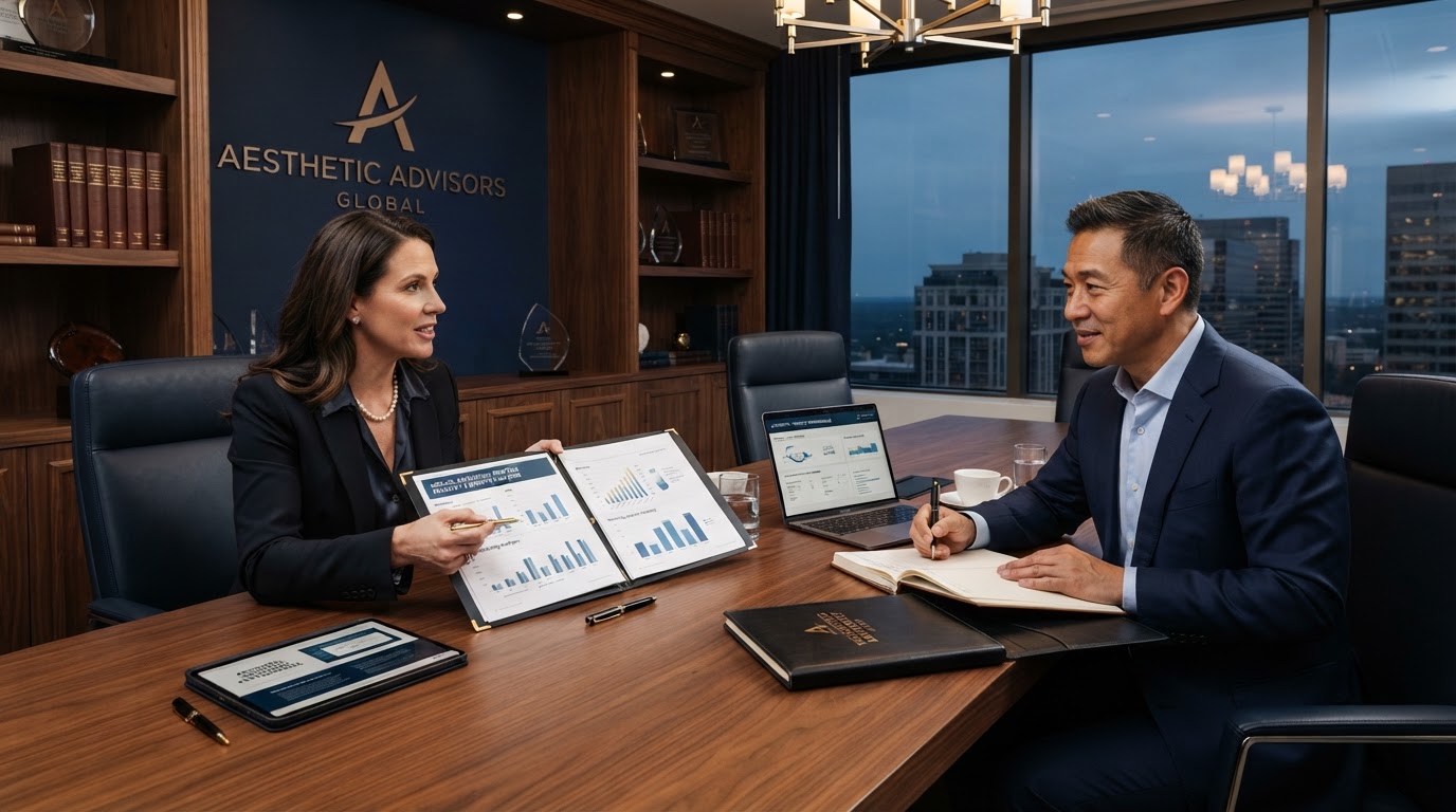 Executive medical aesthetics practice advisor meeting with med spa owner