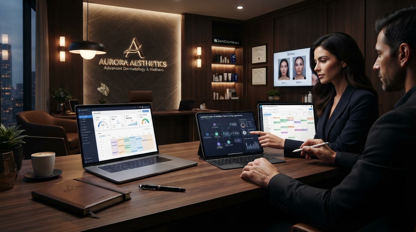 Medical aesthetic practice operations technology and AI workflow planning on tablet