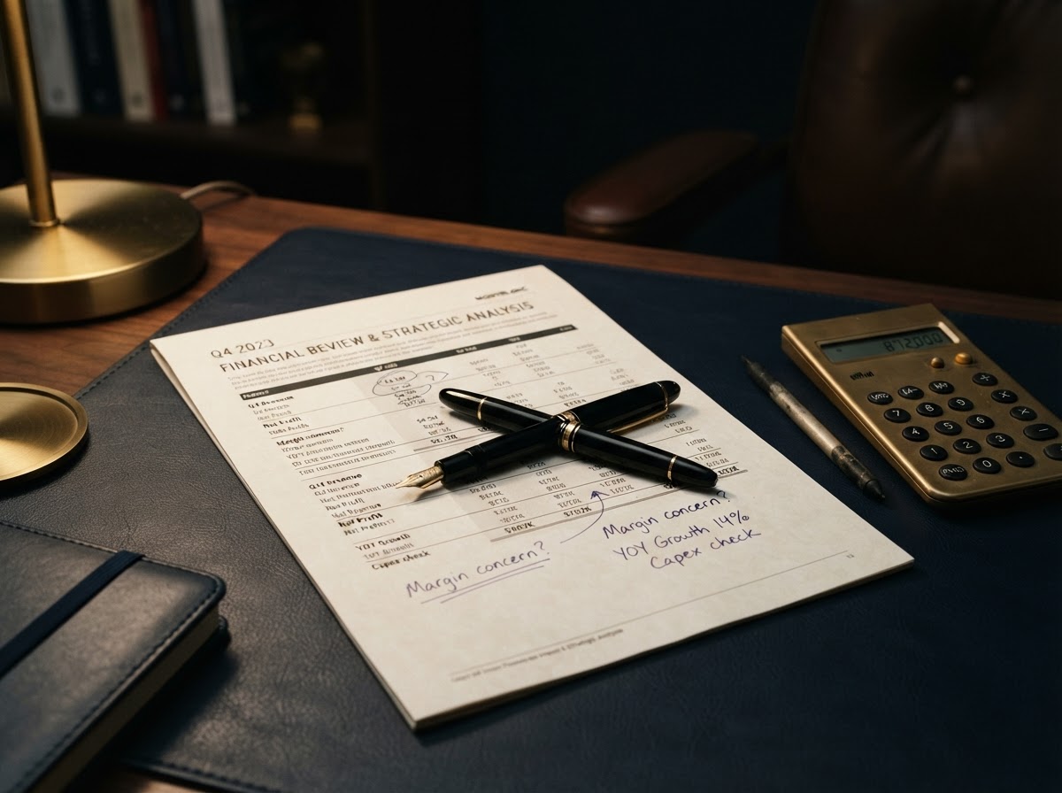A fountain pen resting on a printed financial report with handwritten notes on a dark navy desk, representing the Med Spa Service Profitability and Pricing System