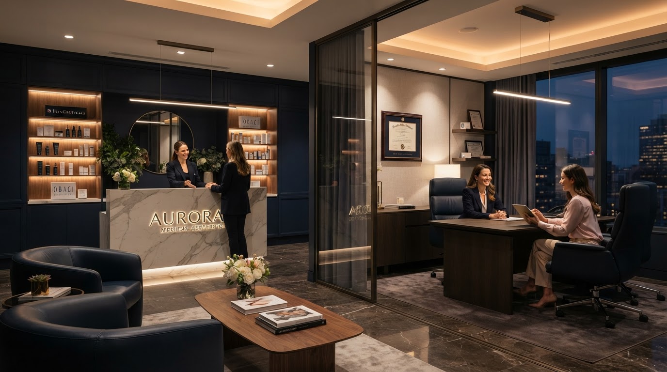 Luxury medical spa clinic reception and patient retention consultation room