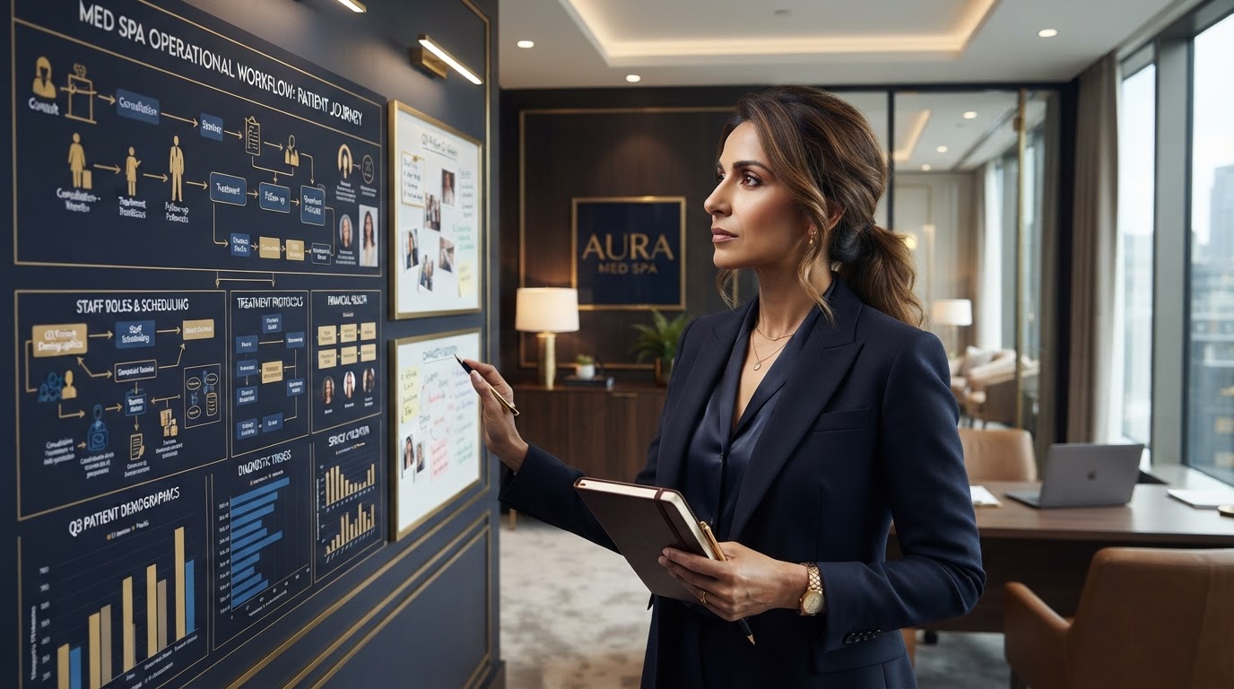 Med spa owner reviewing operational workflows and practice systems