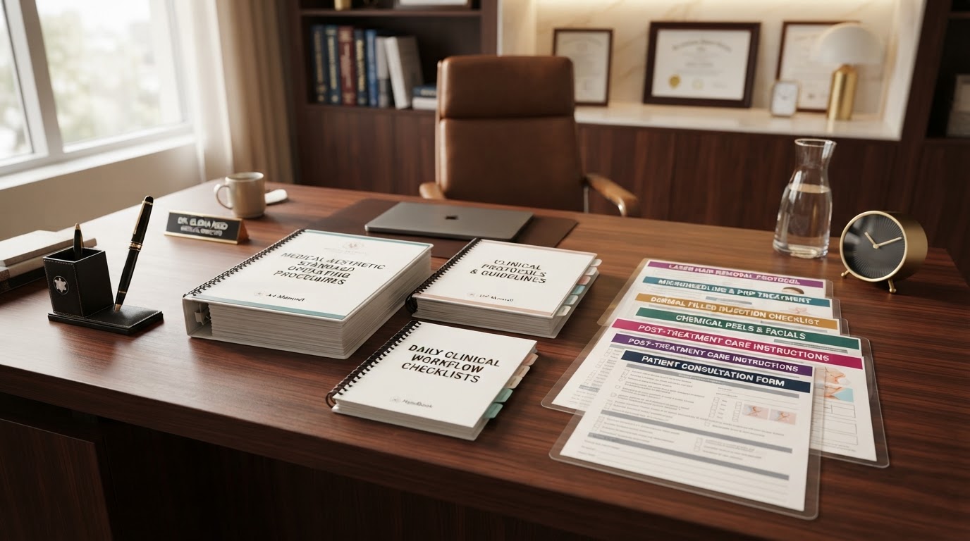 Standard operating procedures and clinical workflow manuals on executive desk