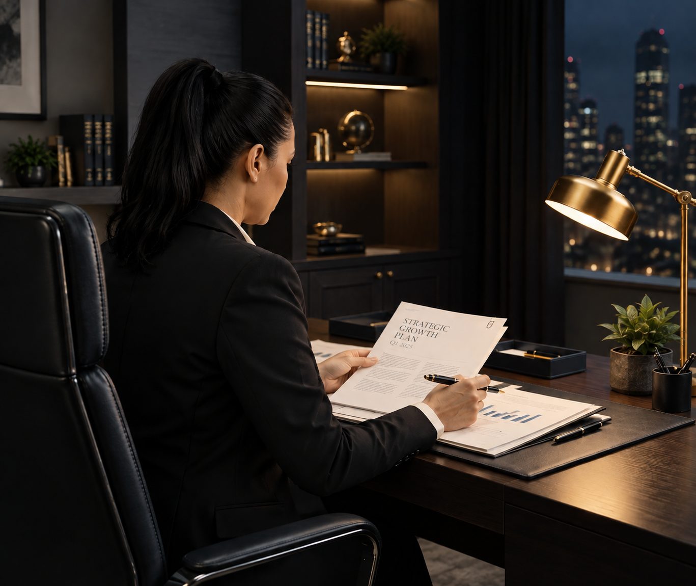 Margarita Santiago reviewing standard operating procedures at her desk under warm executive lamplight, representing the Med Spa Operations and SOP Builder