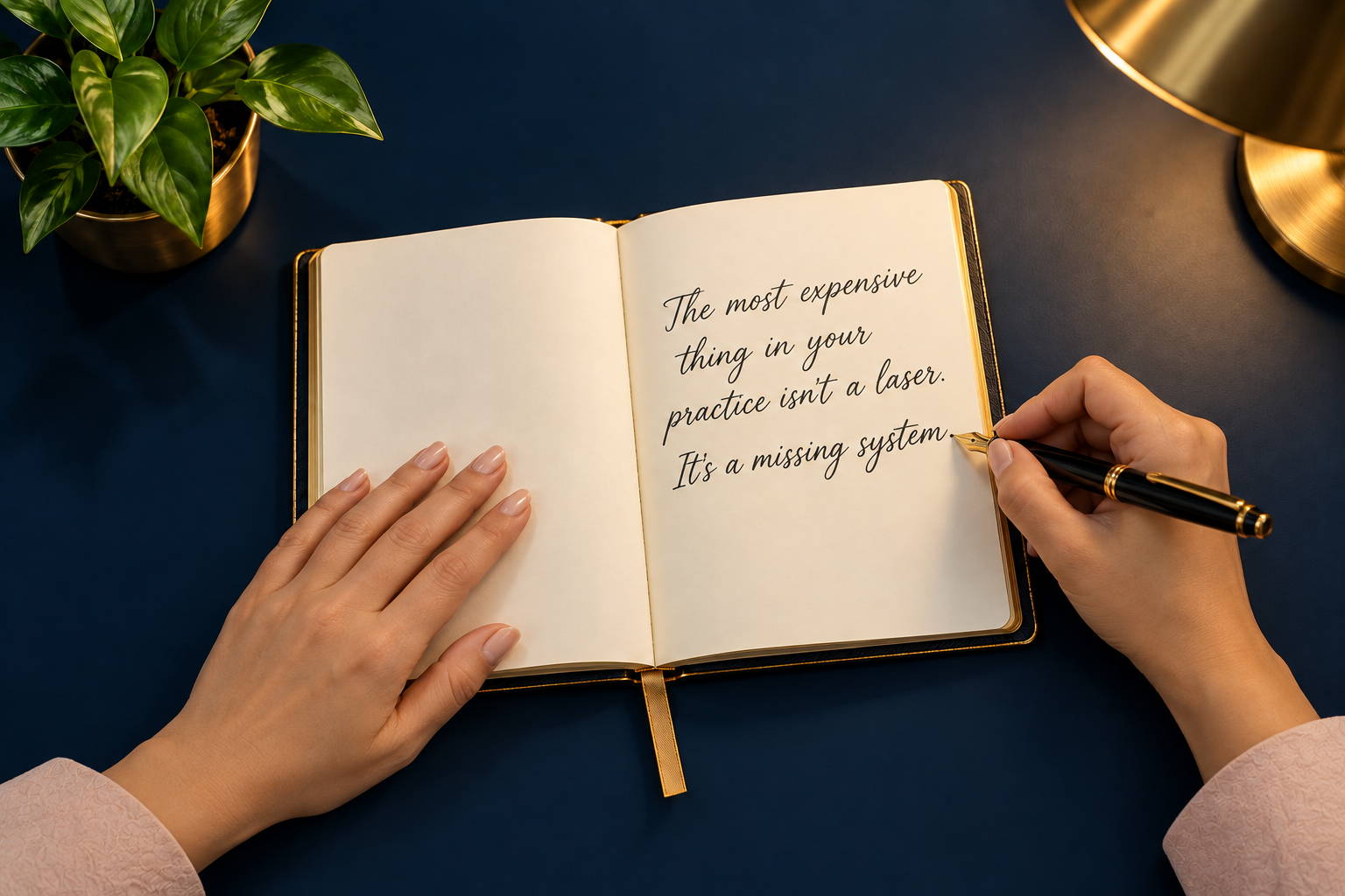Open journal on executive desk with handwritten message: The most expensive thing in your practice isn't a laser. It's a missing system.