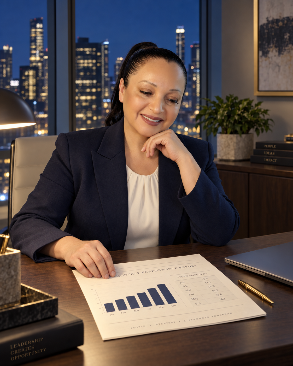 Margarita Santiago reviewing a monthly performance report at her desk with city view, representing the Med Spa KPI Executive Performance System