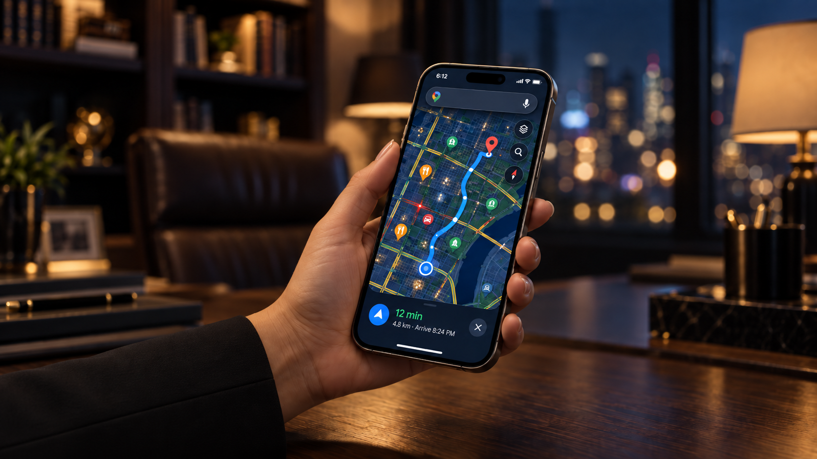 A hand holding a smartphone in an executive office showing a Google Maps navigation route with business location pins at night