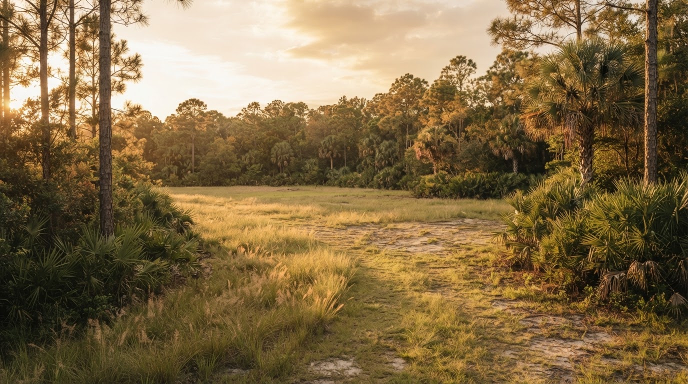 Vacant residential land lot in Central Florida at golden hour