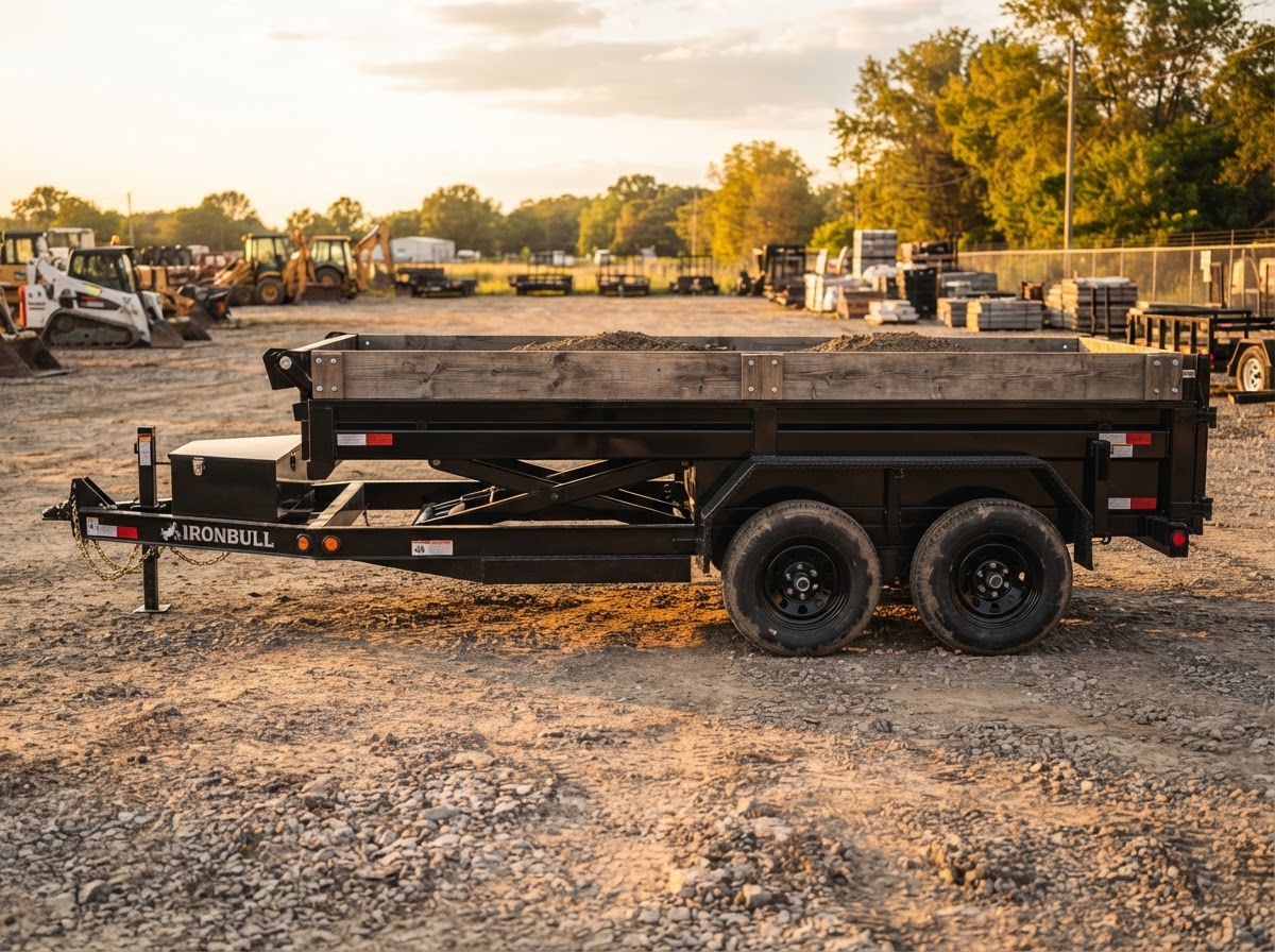 Full side profile of the 7 by 16 dump trailer showing the bed, wooden sides, dual axles, and hydraulic scissor lift cylinder