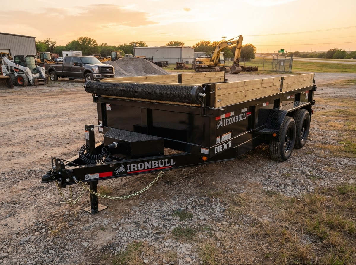 Front three-quarter view of the 7 by 16 Ironbull dump trailer showing hitch coupler, tongue jack, and round 7-pin plug