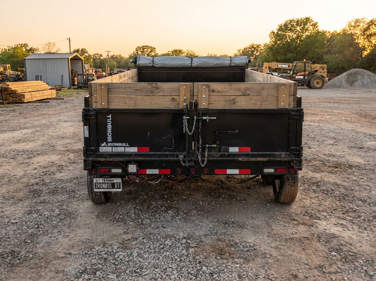 Direct rear view of the 7 by 16 dump trailer showing the rear dump gate, wooden sides, dual axle tires, and tail lights
